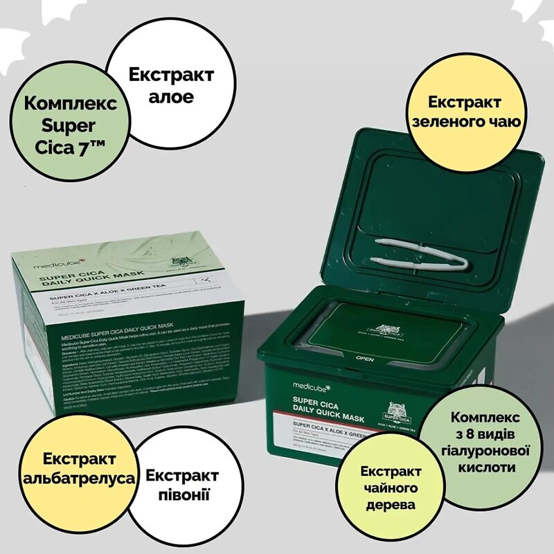 Medicube Super Cica Daily Quick Mask 30 шт - Набір заспокійливих масок з центелою, алое та зеленим чаєм - Зображення 4