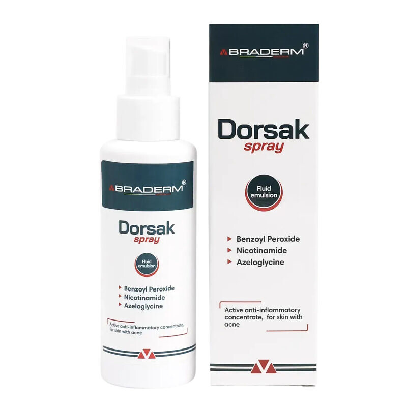 Купити активний протизапальний спрей з Бензоїл пероксидом Braderm Dorsak Spray 100 мл з доставкою по Україні.