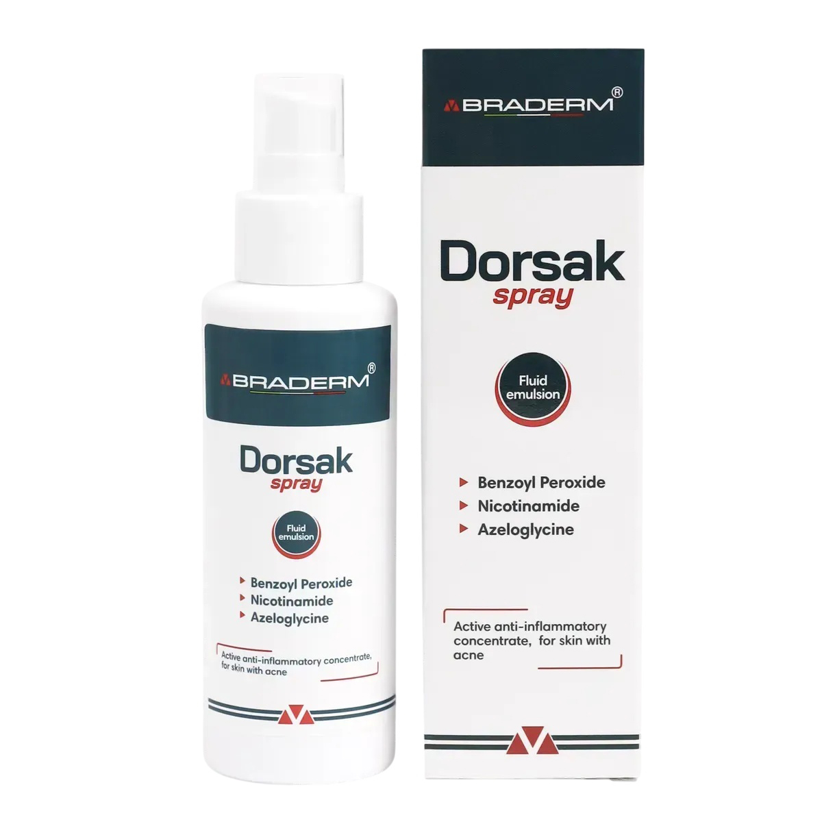 Купити активний протизапальний спрей з Бензоїл пероксидом Braderm Dorsak Spray 100 мл з доставкою по Україні.